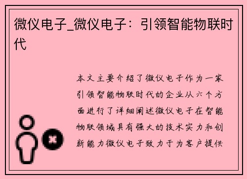 微仪电子_微仪电子：引领智能物联时代